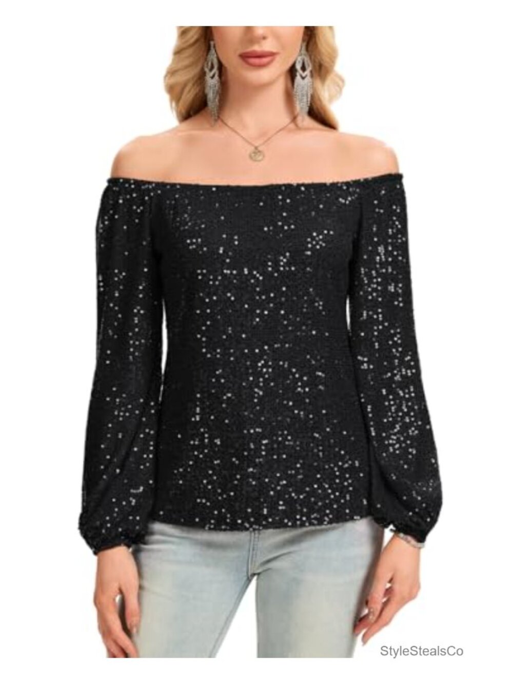 Off Shoulder Sequin Blouse Long Sleeve Sparkly Party Top